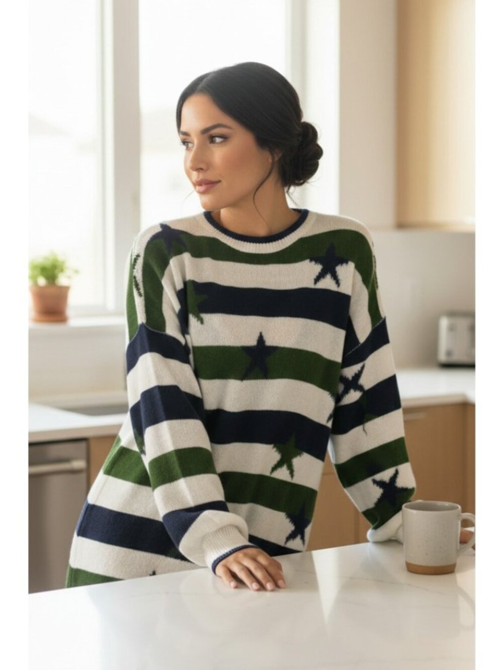 Oversized Stars and Stripes High-Low Long Sleeve Knit American Pullover Sweater